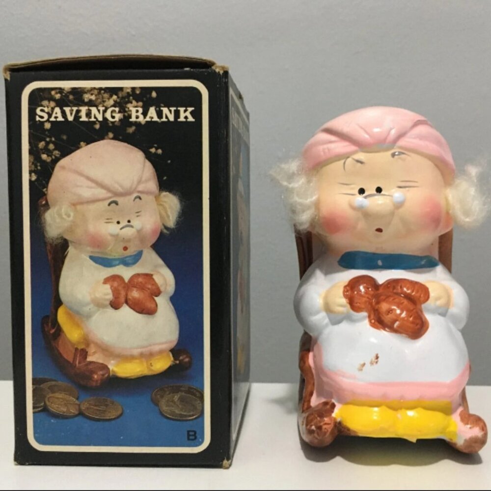 Vintage Hand-Painted Grandma Rocking Chair Chestnuts Savings Coin Bank Porcelain